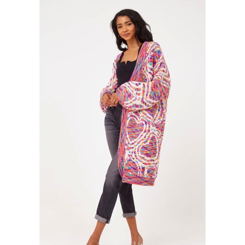 Farm Rio Wild Hearts Rainbow Chunky Knit Long Line Cardigan Sweater Women's M